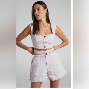 Showpo baby pink and white tweed 3 piece set with gold buttons